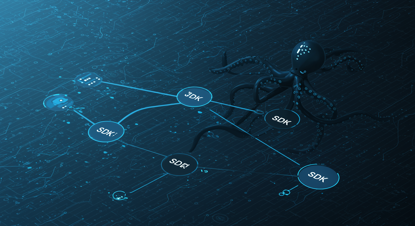 Clean blue API integration diagram showing SDK paths and endpoint connections, developer infrastructure aesthetic