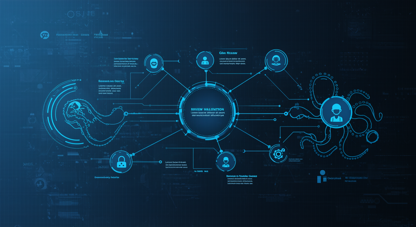 Structured blue network with review validation gates and human oversight nodes, technical process visualization
