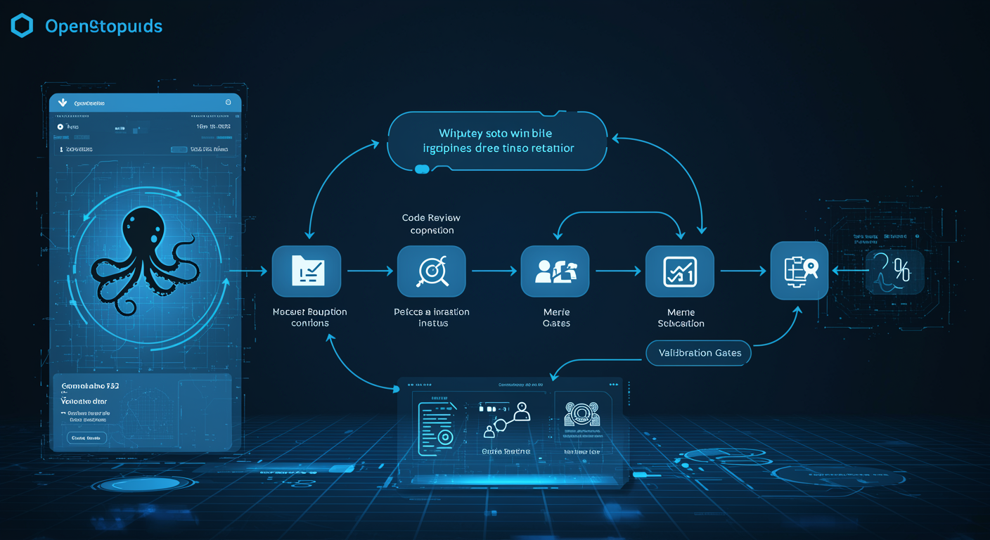 Structured blue workflow diagram showing code review pipeline from commit to merge with validation gates
