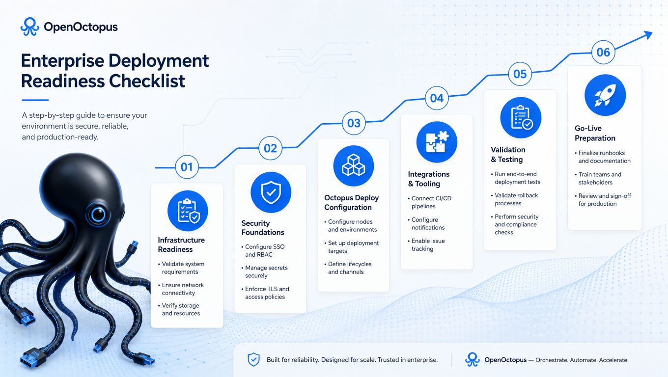 Clean blue ascending checklist visualization, enterprise deployment readiness