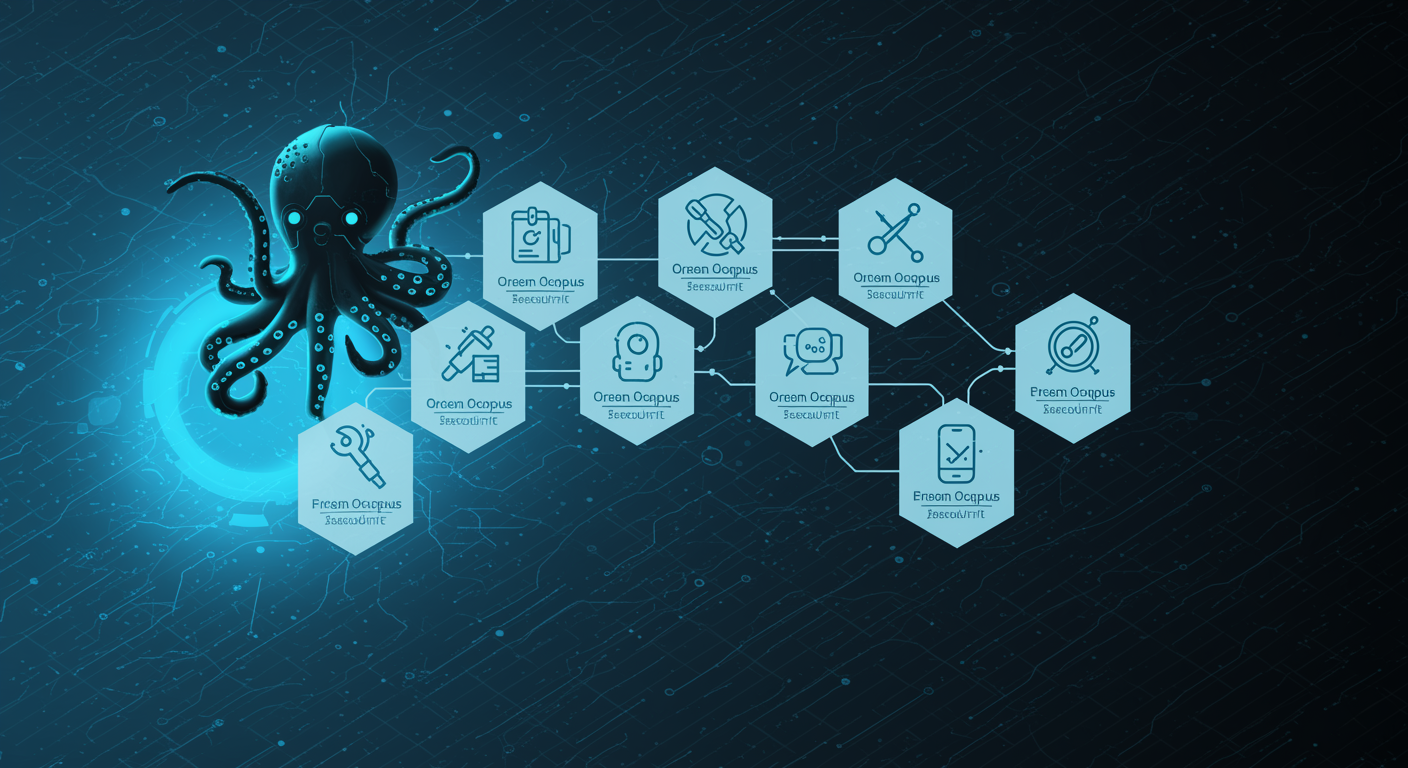 Clean blue competitive comparison matrix showing frontier LLMs across context, coding, reasoning, and cost dimensions, octopus brand visual elements, data-driven aesthetic