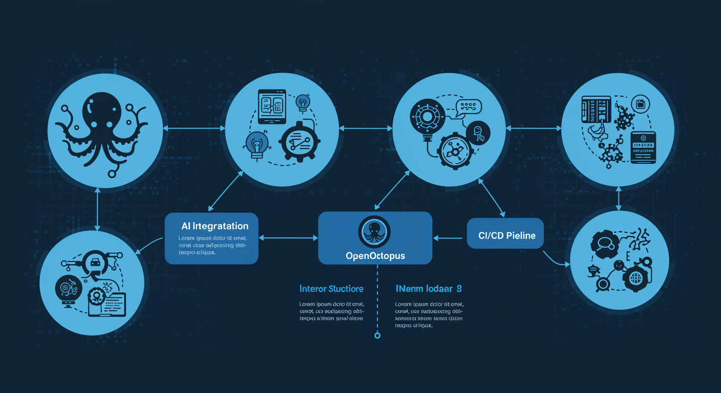 Structured blue four-step chat workflow showing prompt input, mode selection, reasoning output, and export stages, octopus connector nodes between steps, clean tech aesthetic