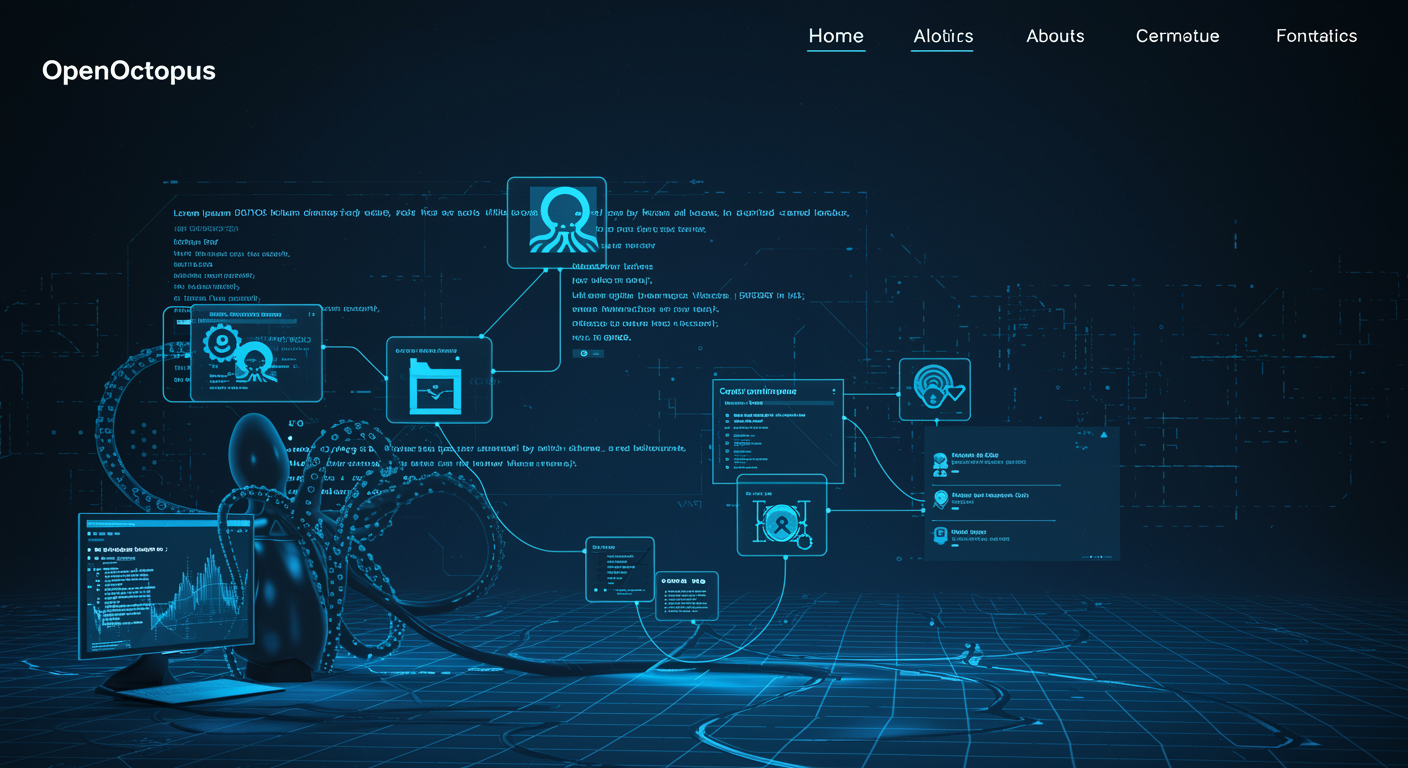 Sleek black octopus with glowing blue cable-tentacles routing reasoning and coding queries through futuristic OpenOctopus interface, neural network visualization, clean tech aesthetic