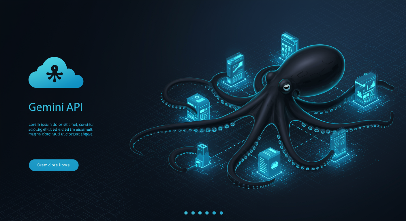 Sleek black octopus with glowing blue cable-tentacles routing Gemini API requests through cloud nodes, futuristic tech aesthetic, no border, full bleed composition