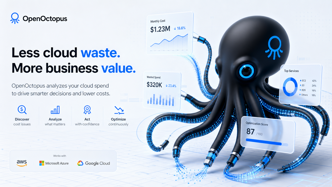 Sleek black octopus with glowing blue cable-tentacles analyzing cost data streams, futuristic OpenOctopus tech composition