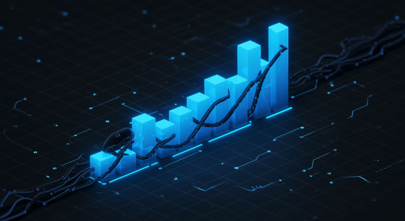 Abstract blue geometric cost breakdown bars with gradient glow, clean data visualization aesthetic
