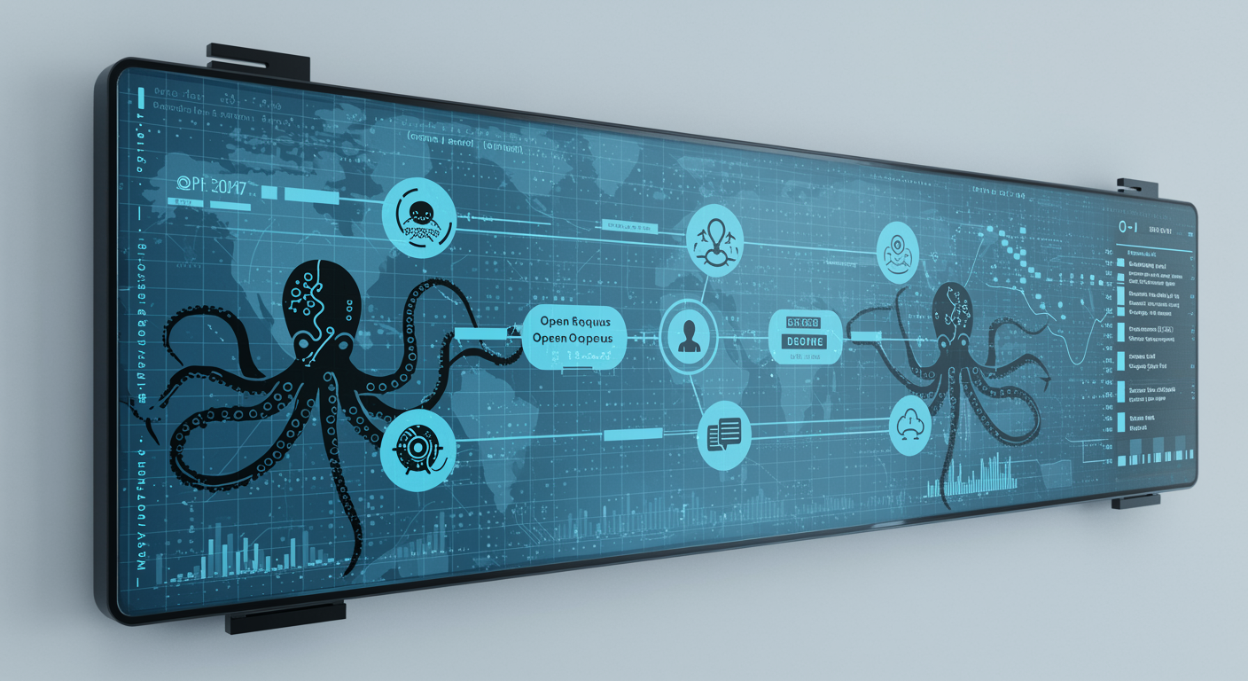 Clean blue image editing pipeline diagram showing source image, text instruction, masked region, and edited output flowing through octopus routing nodes, technical infrastructure aesthetic
