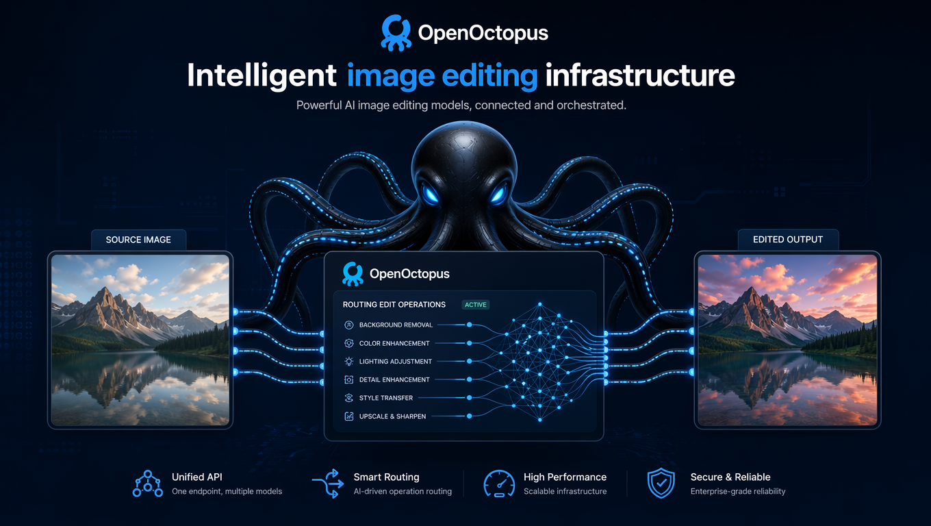 Sleek black octopus with glowing blue cable-tentacles routing image editing operations through futuristic OpenOctopus interface, source image transforming into edited output through neural pathways, clean tech aesthetic