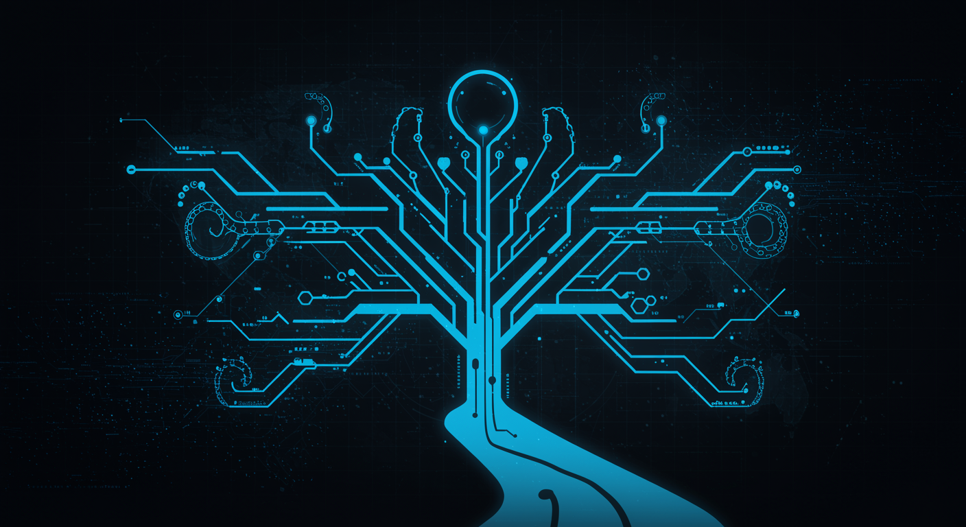 Elegant branching blue pathways converging to a central node, futuristic decision tree