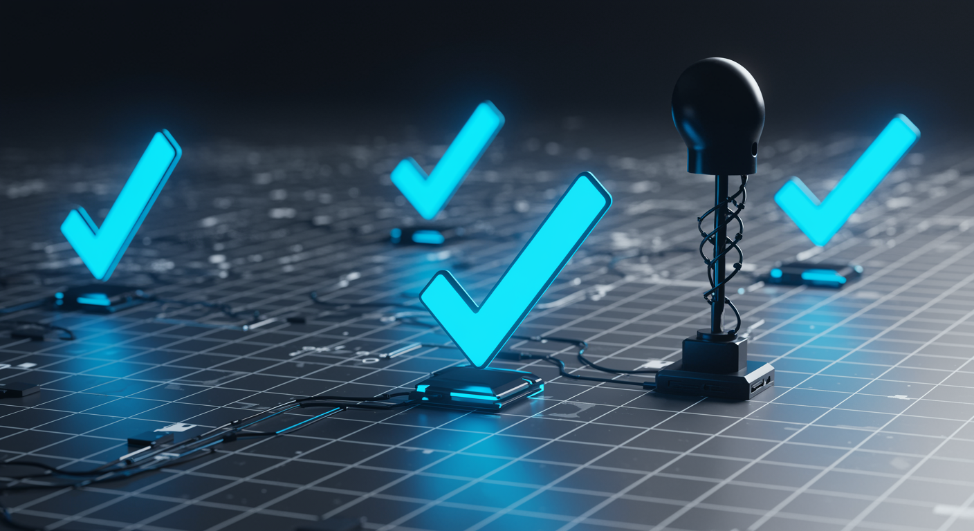 Clean vertical blue checkmarks ascending through a light grid, enterprise readiness visual