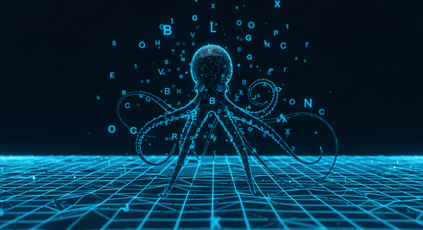 Abstract blue typography particles floating in geometric light grid, minimalist tech aesthetic