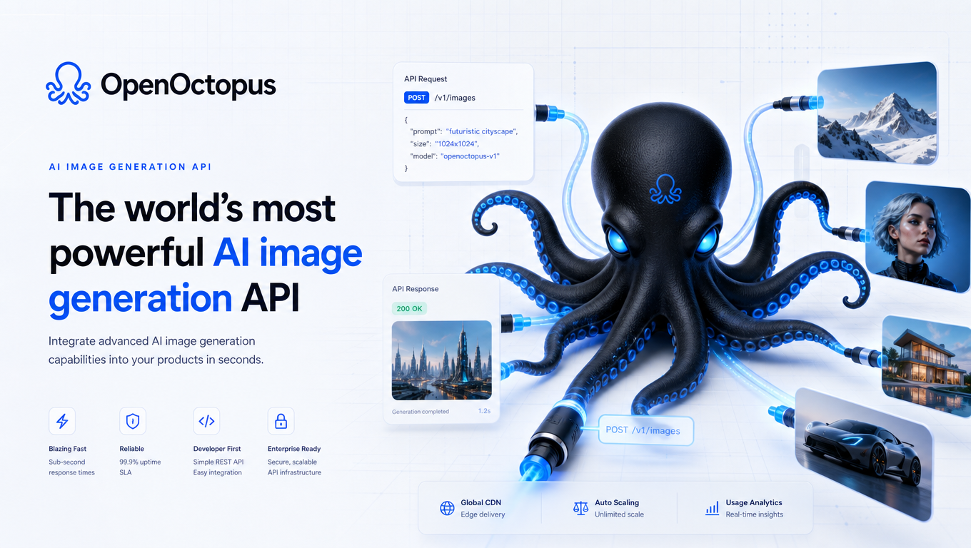 Sleek black octopus with glowing blue cable-tentacles generating AI images through API endpoints, futuristic OpenOctopus tech composition