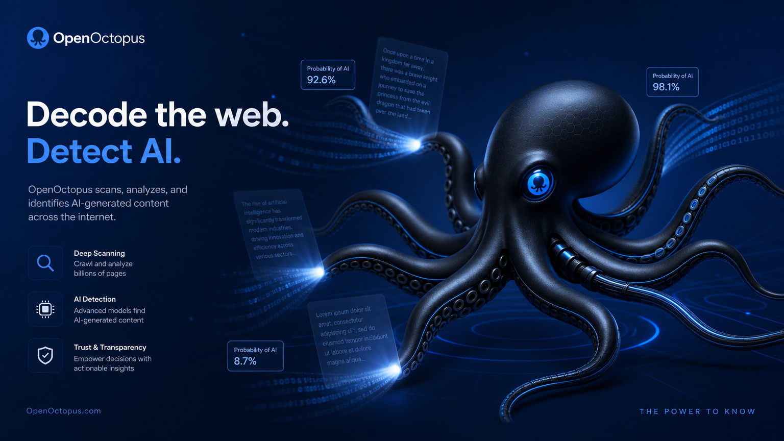 Sleek black octopus with glowing blue scanning tentacles analyzing text streams for AI patterns, futuristic OpenOctopus tech aesthetic