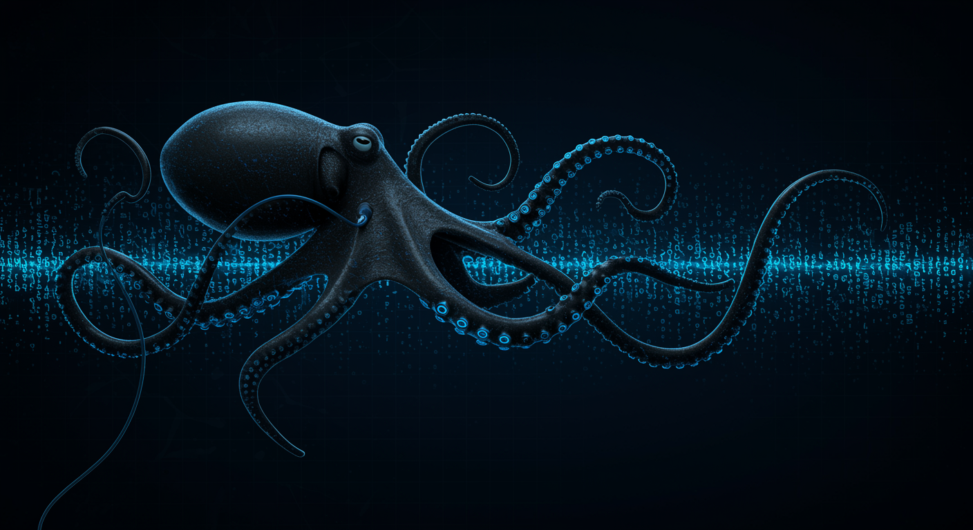 Sleek black octopus with glowing blue cable-tentacles routing document analysis requests through futuristic OpenOctopus interface, text streams and detection indicators, clean tech aesthetic