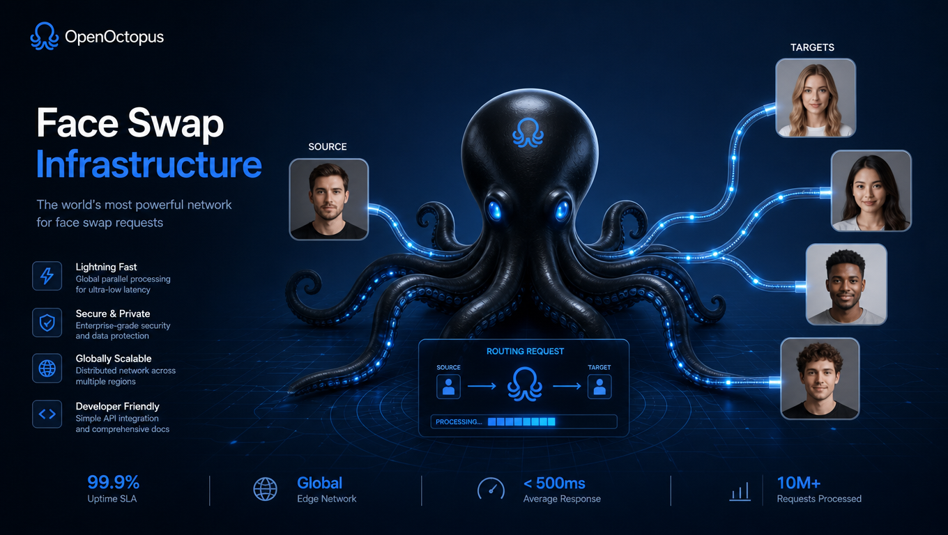 Sleek black octopus with glowing blue cable-tentacles routing face swap requests between portrait photos, futuristic OpenOctopus tech aesthetic
