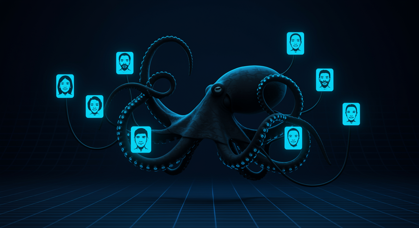 Sleek black octopus with glowing blue cable-tentacles routing face swap operations through futuristic OpenOctopus interface, portrait imagery and facial recognition nodes, clean tech aesthetic
