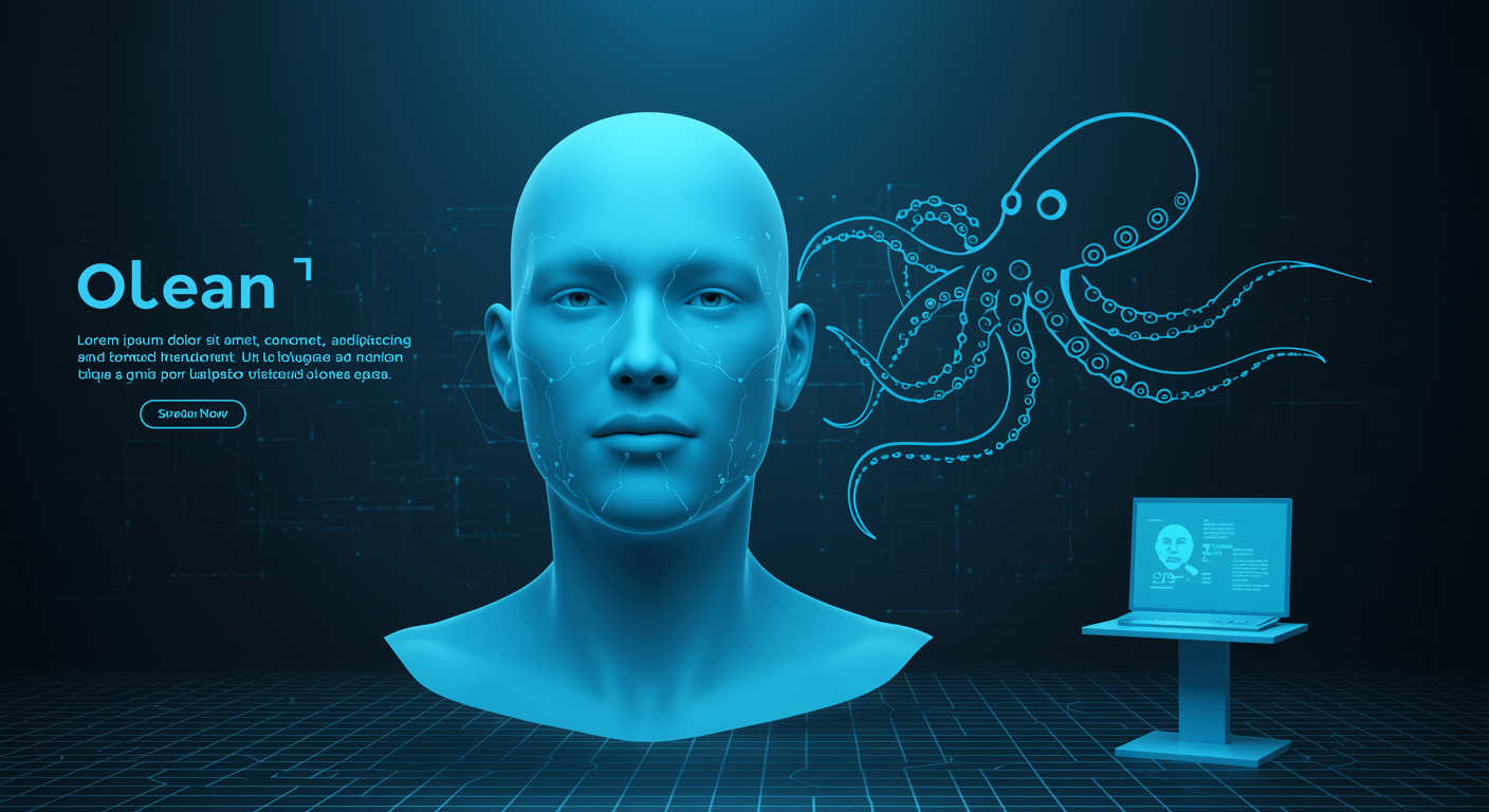 Clean blue facial identity transfer visualization showing portrait head replacement with smooth blending, futuristic tech aesthetic