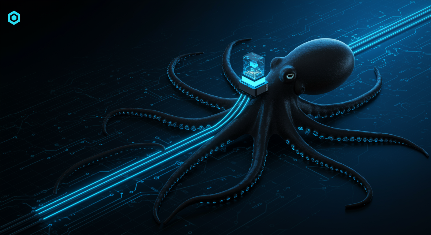 Sleek black octopus with glowing blue cable-tentacles routing creative text prompts into rapidly generated images through futuristic OpenOctopus interface, speed lines and low-latency indicators, clean tech aesthetic