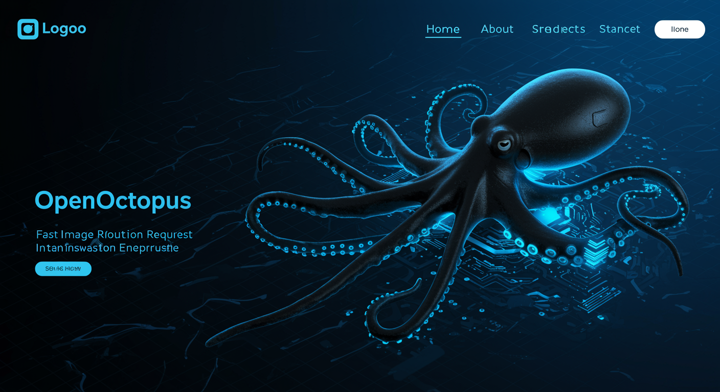 Sleek black octopus with glowing blue cable-tentacles routing fast image generation API requests through futuristic OpenOctopus infrastructure, clean tech aesthetic