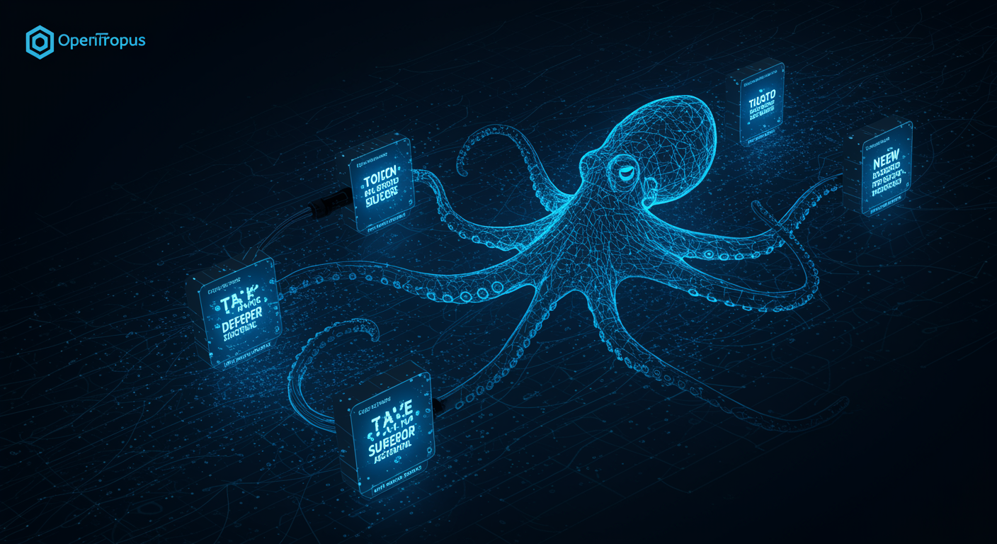Sleek black octopus with glowing blue cable-tentacles routing creative prompts into rapidly generated images through futuristic OpenOctopus interface, speed lines and low-latency indicators, clean tech aesthetic