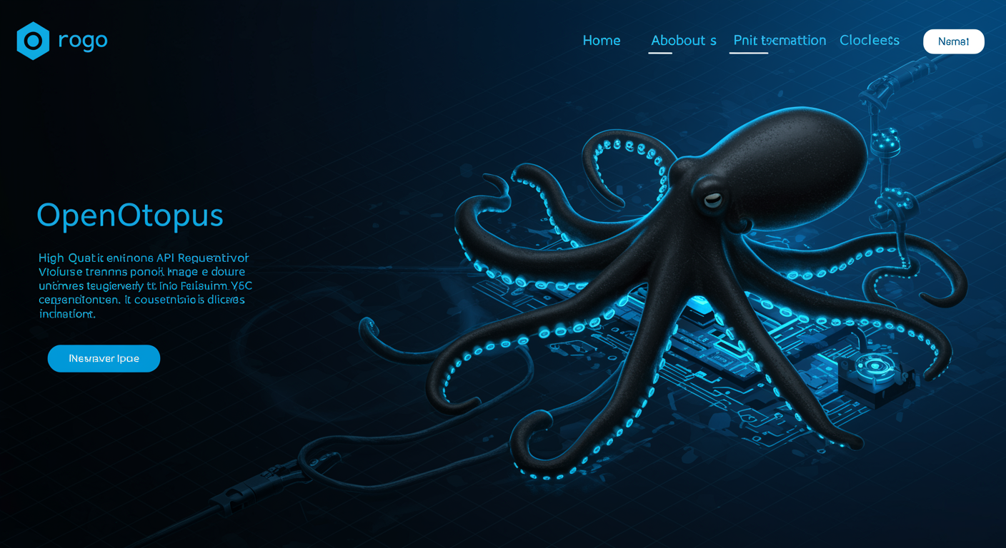 Sleek black octopus with glowing blue cable-tentacles routing high-quality image generation API requests through futuristic OpenOctopus infrastructure, clean tech aesthetic