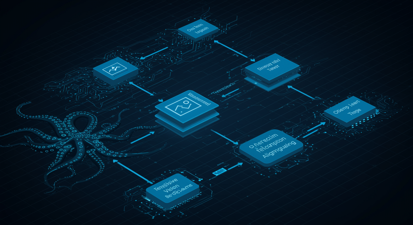 Clean blue API architecture diagram showing HTTP requests flowing through vision encoder nodes into language decoder pathways, octopus routing tentacles connecting client requests and response generation modules, tech infrastructure aesthetic