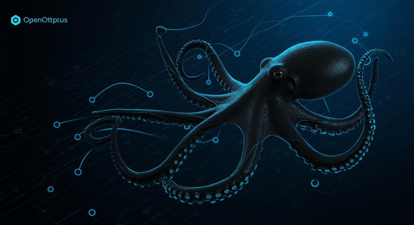 Sleek black octopus with glowing blue cable-tentacles analyzing photographs and generating text captions through neural visualization nodes, deep blue dark background with tech grid patterns, premium SaaS aesthetic