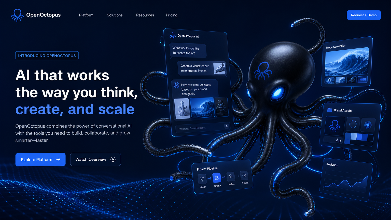 Sleek black octopus with glowing blue cable-tentacles orchestrating advanced image editing API workflows, futuristic OpenOctopus tech infrastructure aesthetic