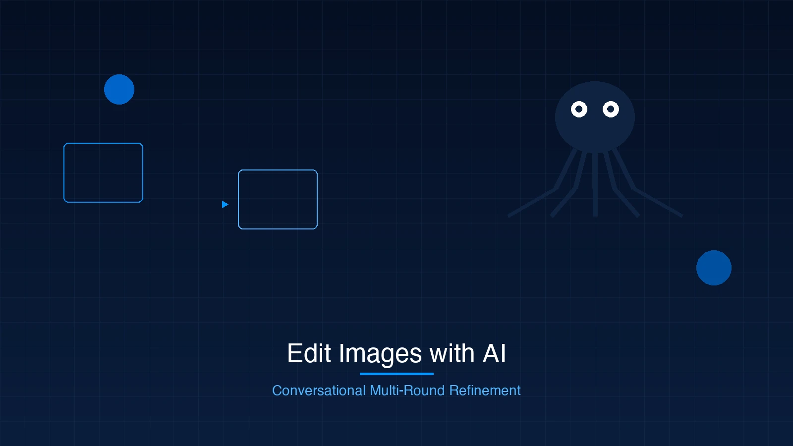 Clean blue professional image editing interface with octopus routing visual, multi-panel refinement preview, futuristic tech aesthetic