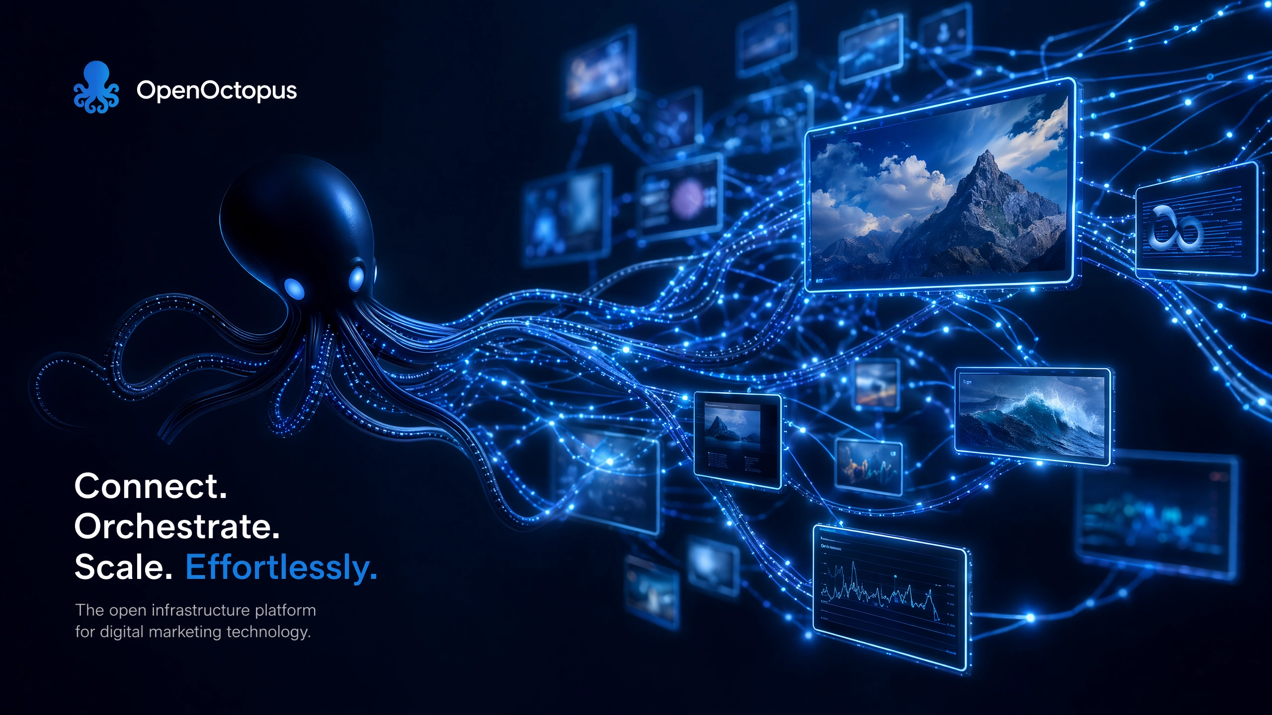 Abstract blue unified image pipeline showing generation, editing, and refinement stages merging into single output, clean tech aesthetic