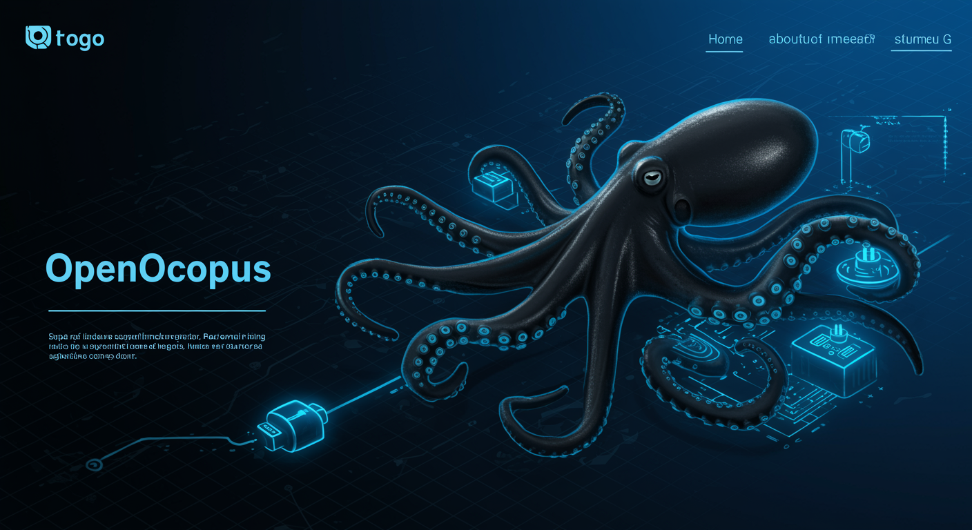 Sleek black octopus with glowing blue cable-tentacles routing fast video generation API requests through futuristic OpenOctopus infrastructure, clean tech aesthetic