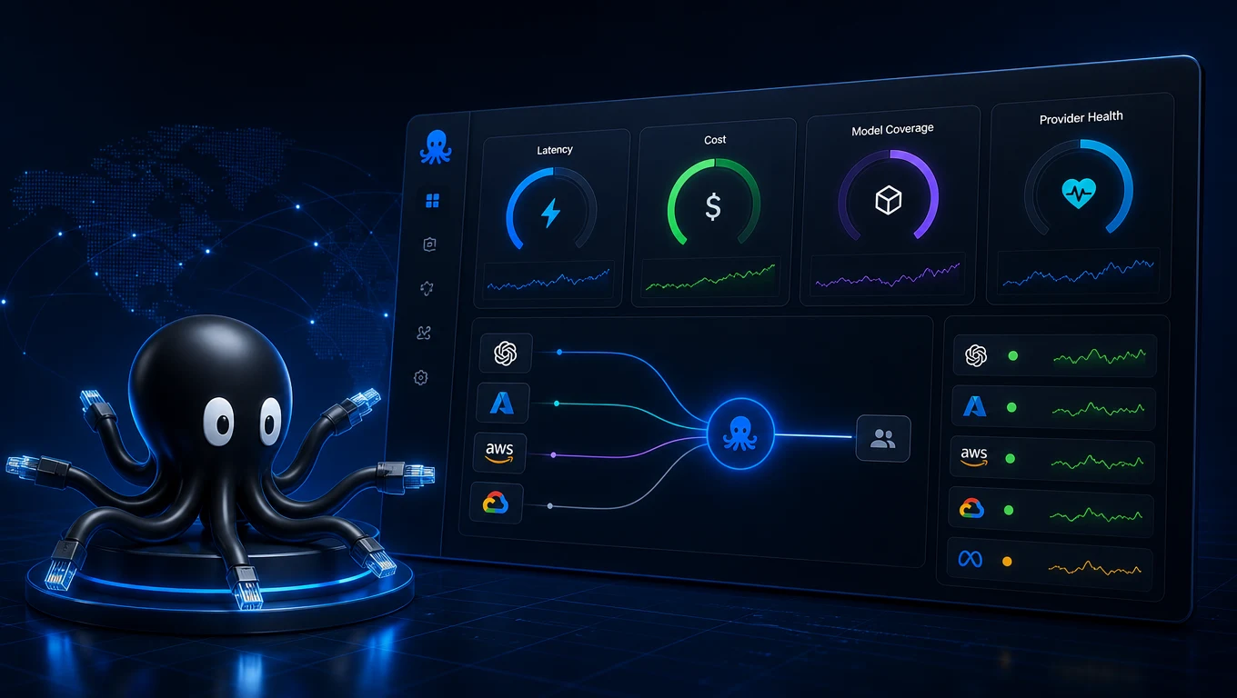 Unified AI API routing dashboard comparing latency, cost, model coverage, and provider health