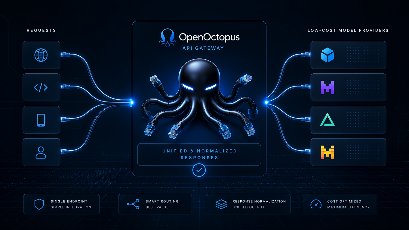 Diagram showing a single OpenOctopus API gateway routing requests to multiple low-cost model providers and returning normalized responses