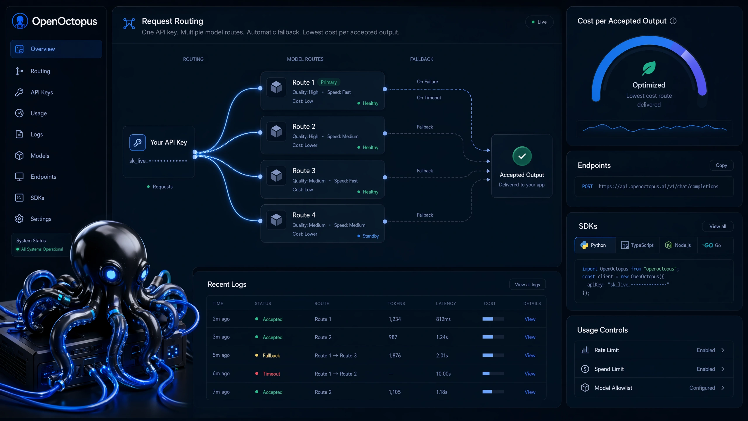 OpenOctopus cheapest AI API dashboard showing unified API key, model routing, cost controls, and fallback paths