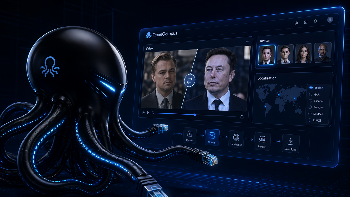Black octopus evaluating a video ai face swap interface with avatar and localization panels, glowing blue cable-tentacles, futuristic OpenOctopus tech aesthetic