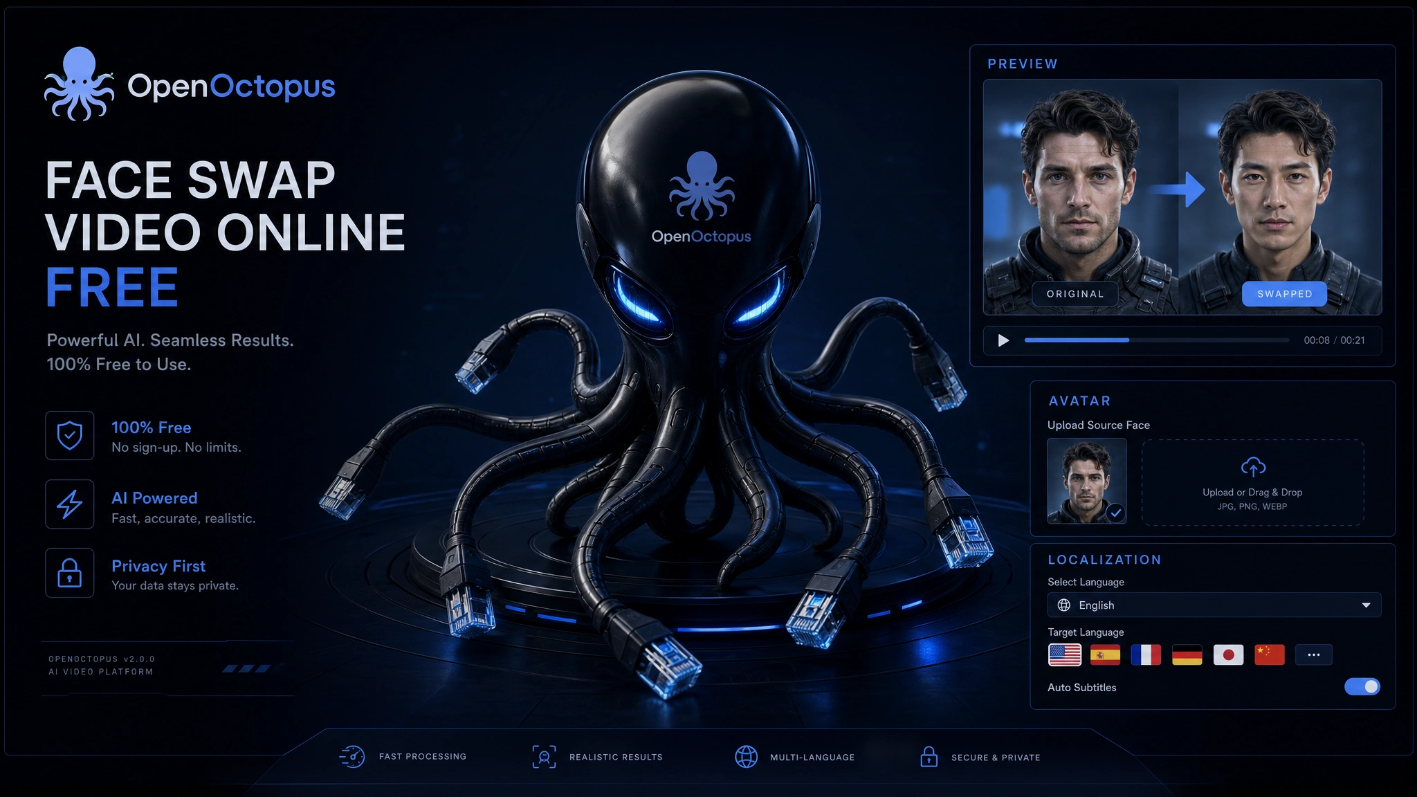 Sleek black octopus previewing a face swap video online free interface with avatar and localization modules, deep blue dark background, futuristic tech aesthetic