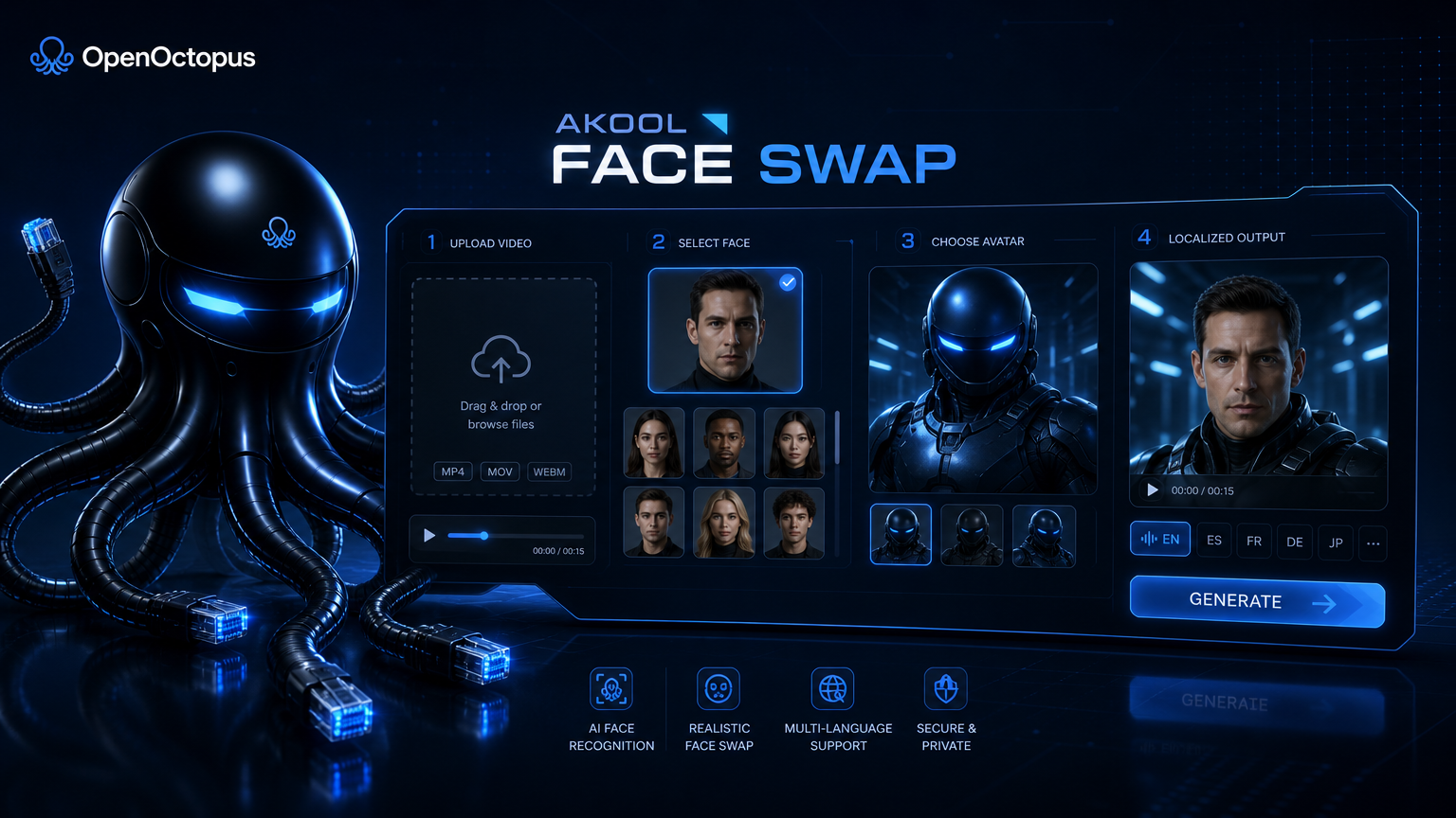 Akool Faceswap online interface showing video upload, face selection, avatar preview, and localized output