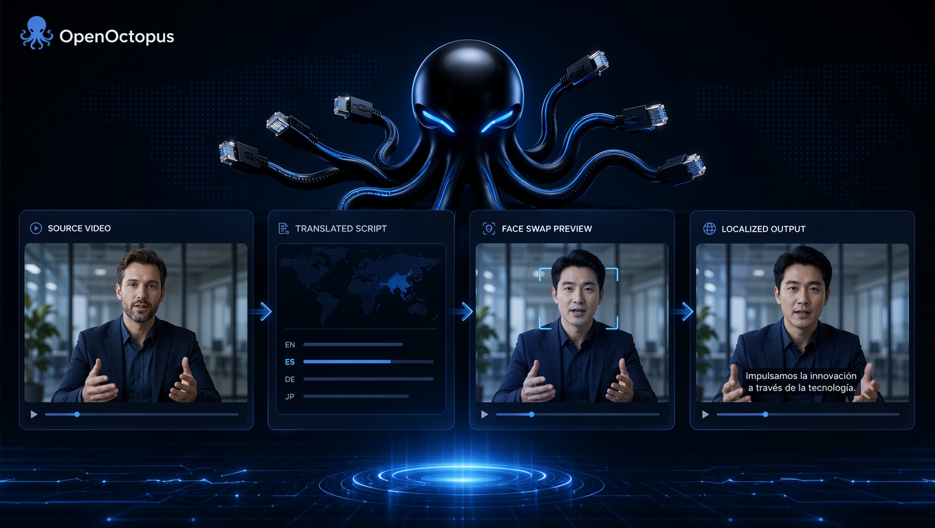 Face video swapper interface for video localization showing source video, translated script, face swap preview, and localized output