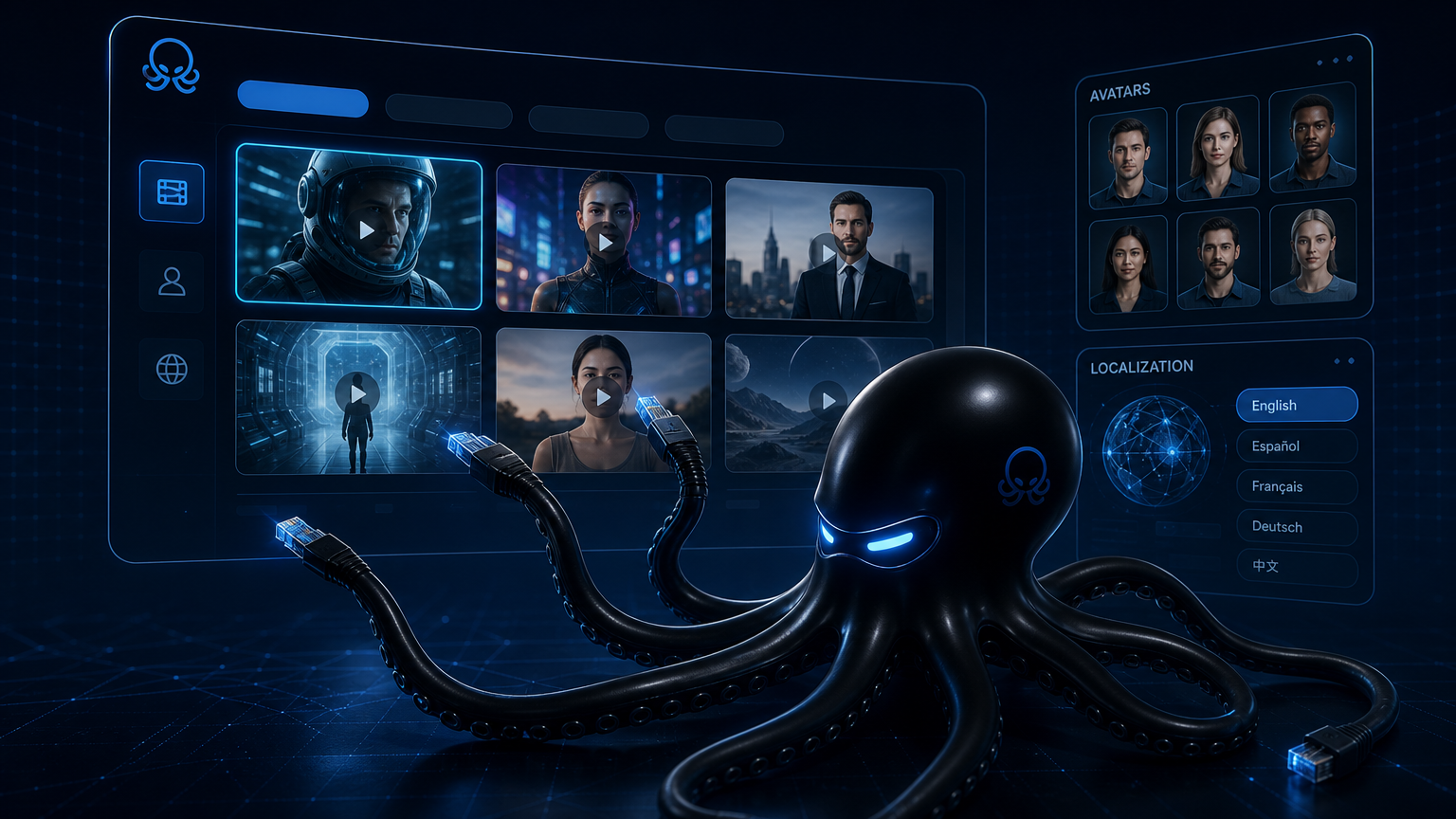 Sleek black octopus browsing ai video face swap free template gallery with marketing video previews, avatar modules, and localization options, deep blue dark background, futuristic tech aesthetic
