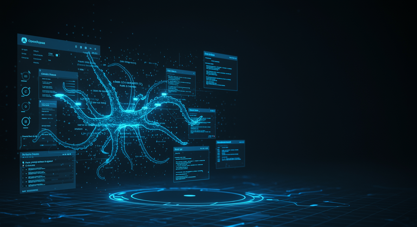 Abstract blue neural network analyzing code blocks with glowing review annotations, clean tech aesthetic