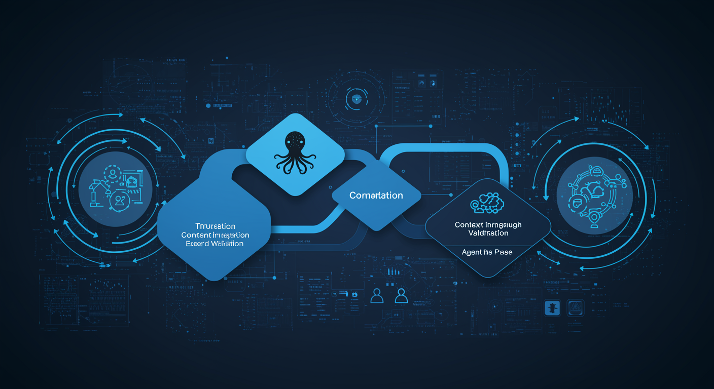 Structured blue flowchart showing four-phase agent workflow from context ingestion through validation, technical diagram aesthetic
