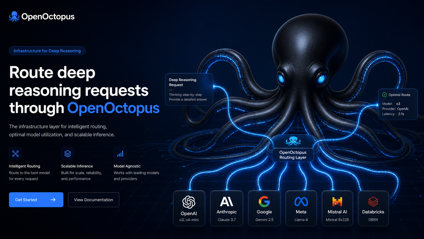 Sleek black octopus with glowing blue neural-cable tentacles routing deep reasoning requests through OpenOctopus infrastructure, futuristic tech aesthetic