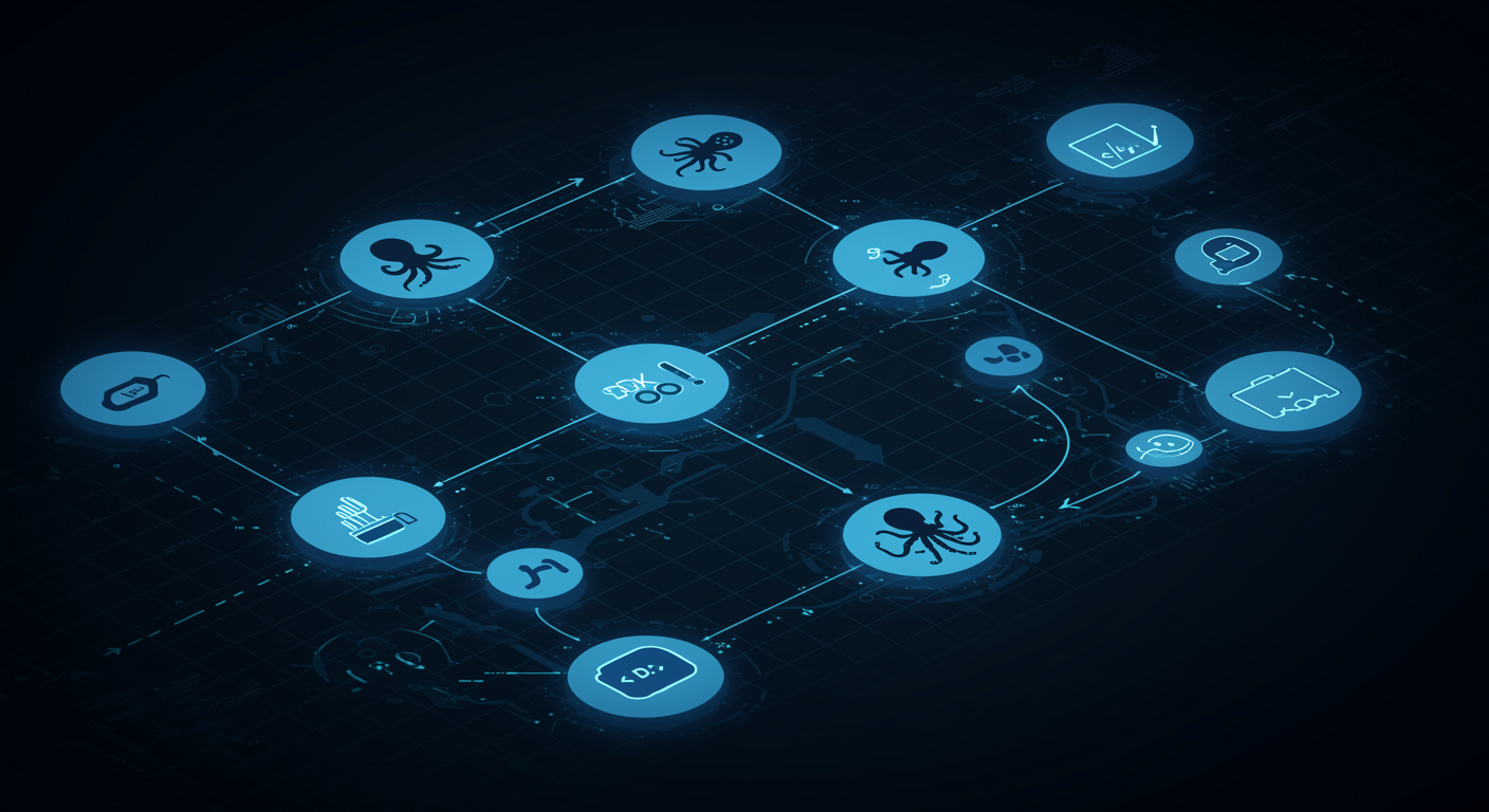 Clean blue API integration workflow diagram showing SDK migration path with octopus routing nodes, developer infrastructure aesthetic
