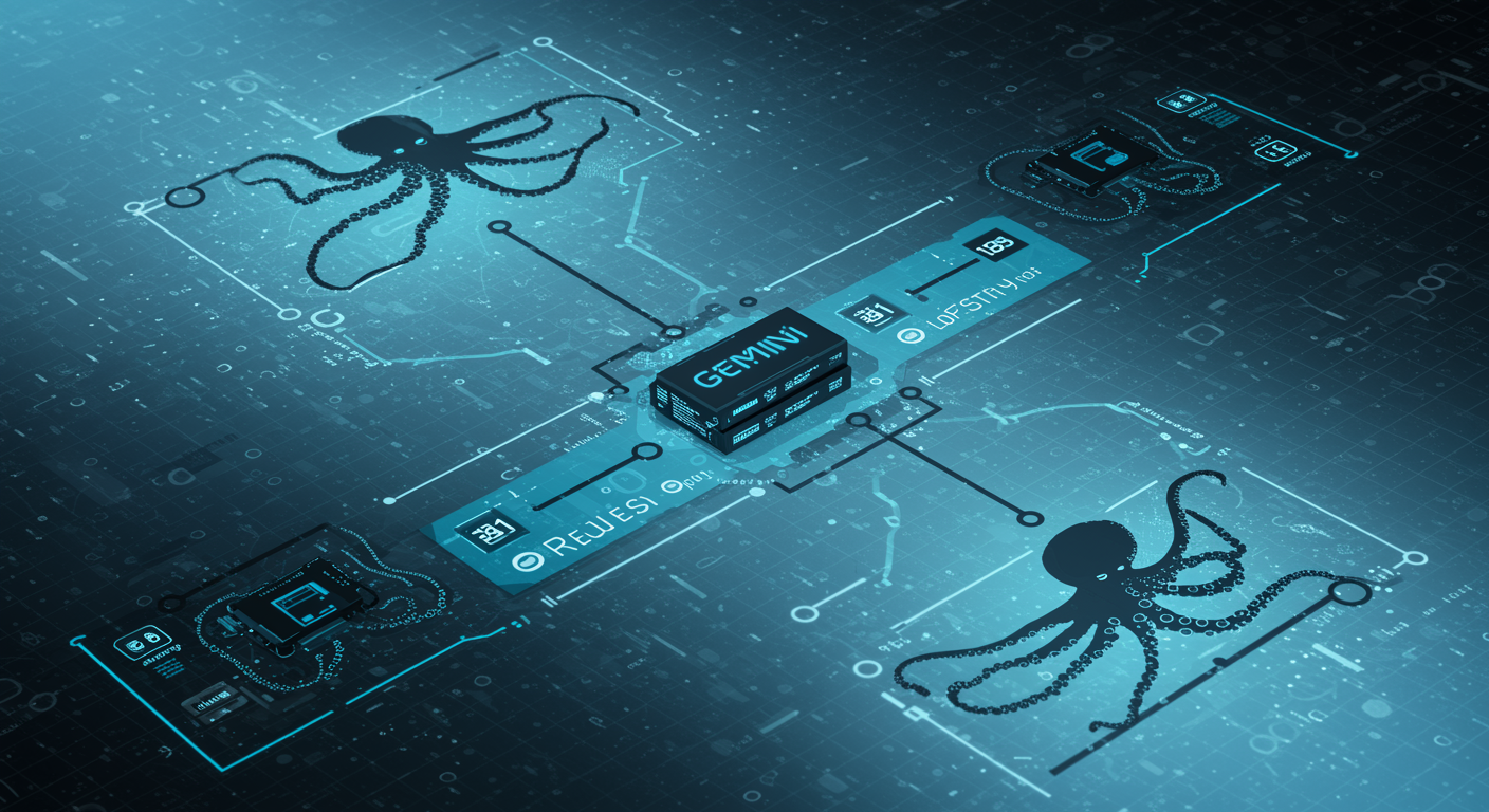 Clean blue API request flow diagram with octopus routing nodes connecting to Gemini servers, light tech grid background