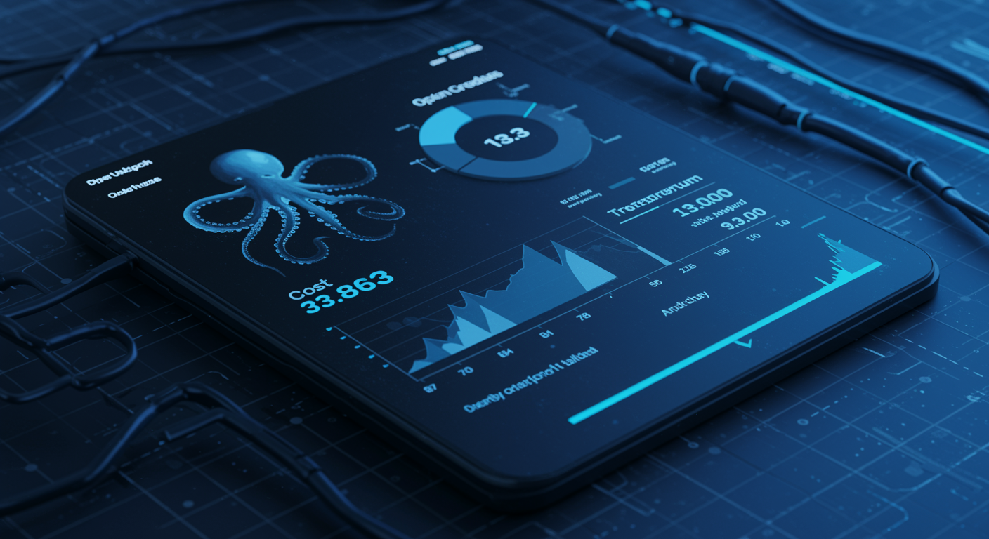 Abstract blue dashboard showing cost breakdown and transparent billing metrics, clean tech aesthetic