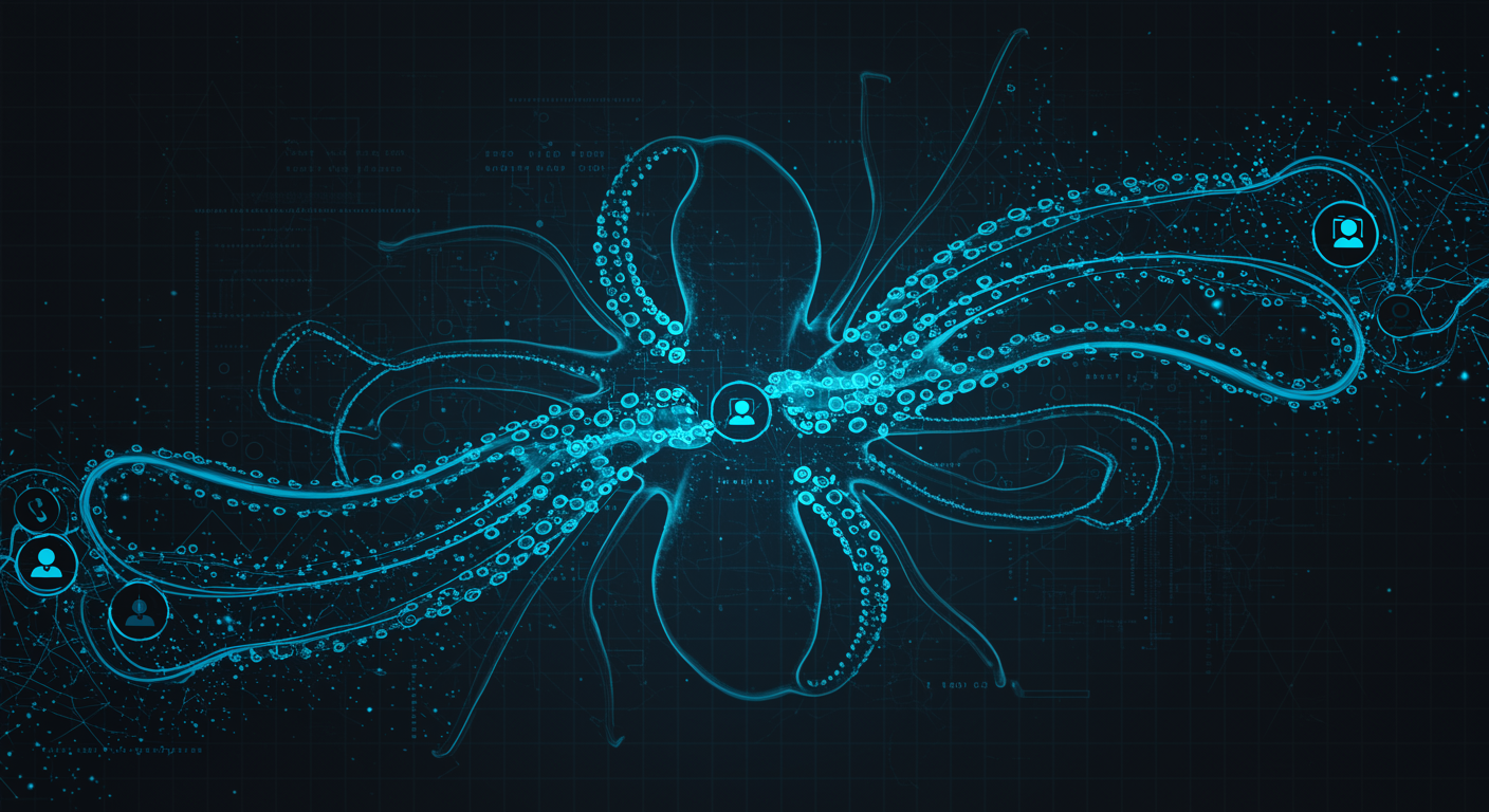Clean blue neural network pathways connecting agent nodes, futuristic tech aesthetic