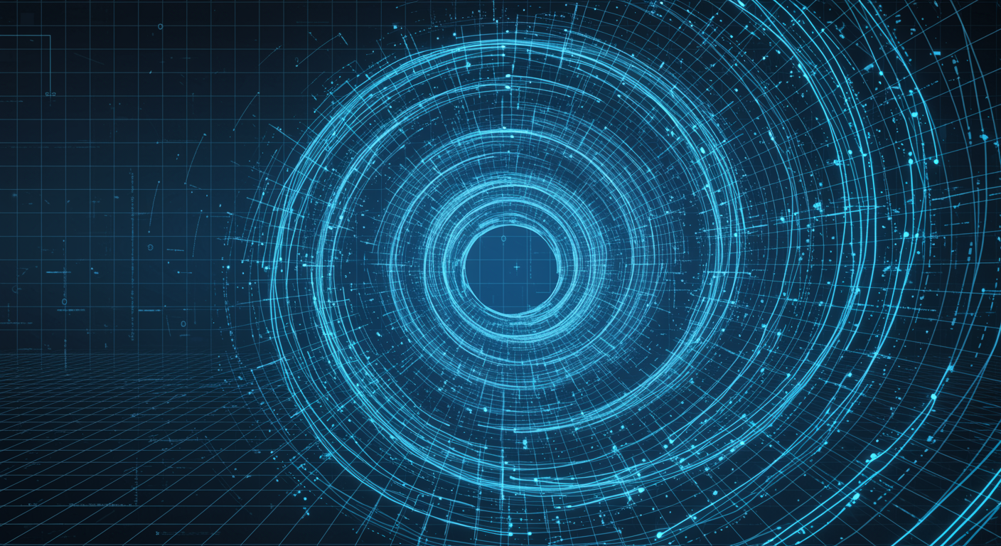 Abstract blue spiral wave representing massive context window expansion, light tech grid background