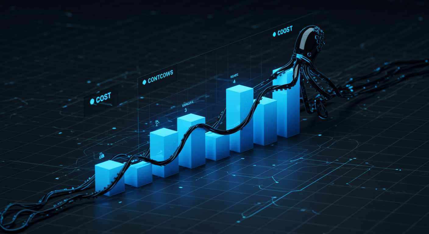Abstract blue geometric cost comparison bars with gradient glow, clean data visualization