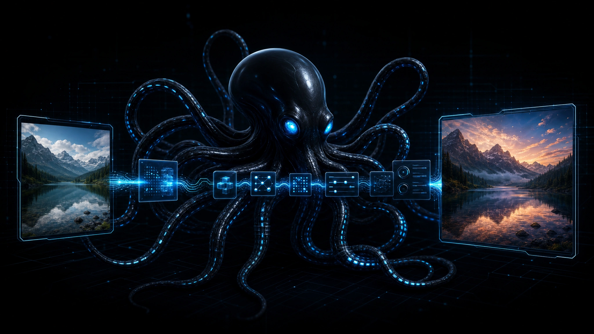 Dark futuristic interface with sleek black octopus and glowing blue cable-tentacles routing image editing operations, source image transforming into edited output through neural pathways, deep black background with blue tech grid patterns, dark tech aesthetic