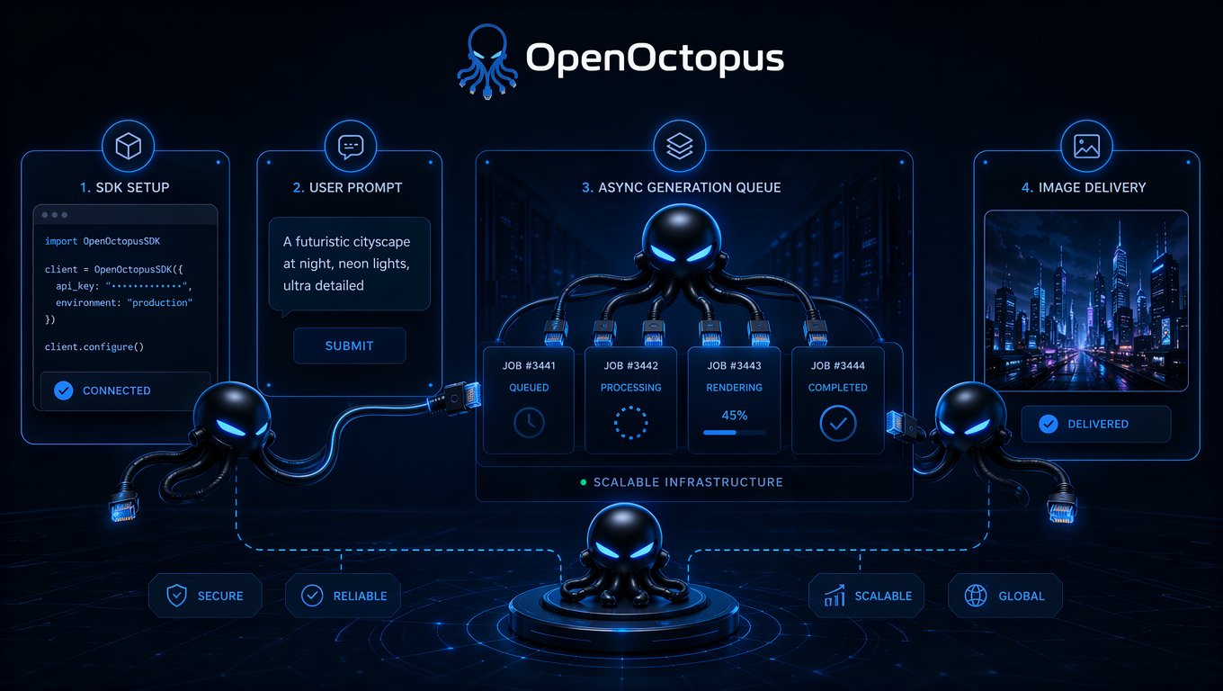 Structured blue app integration diagram showing SDK setup, user prompt, async generation queue, and image delivery with octopus connector nodes, SaaS infrastructure aesthetic